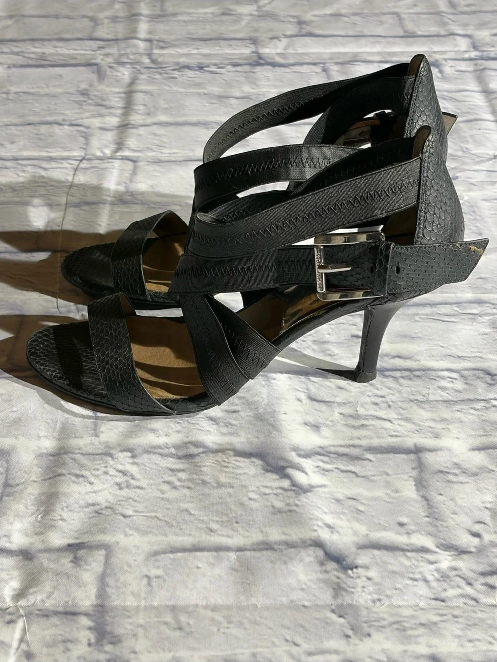 Michael Kors Black Snake Embossed Strappy Kitten Heel Sandals Size 7.5